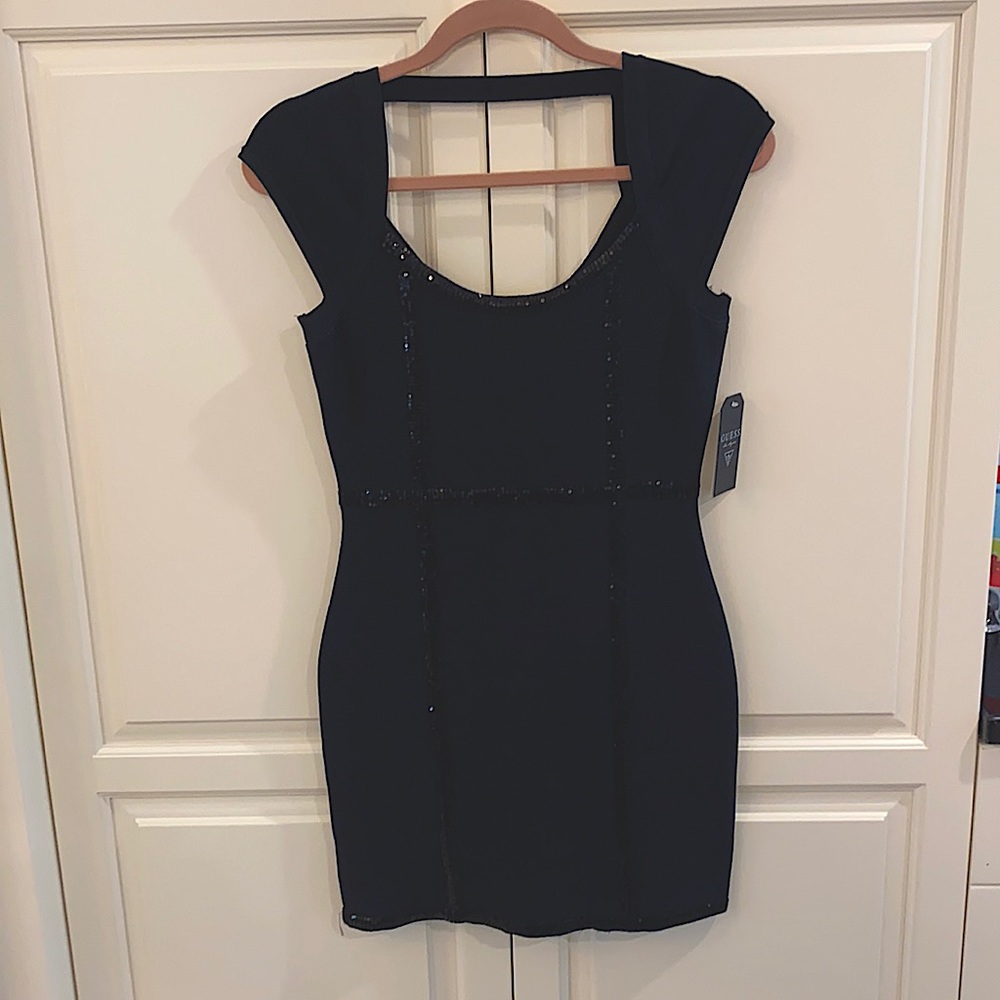 GUESS black and sequined lined body-con dress.